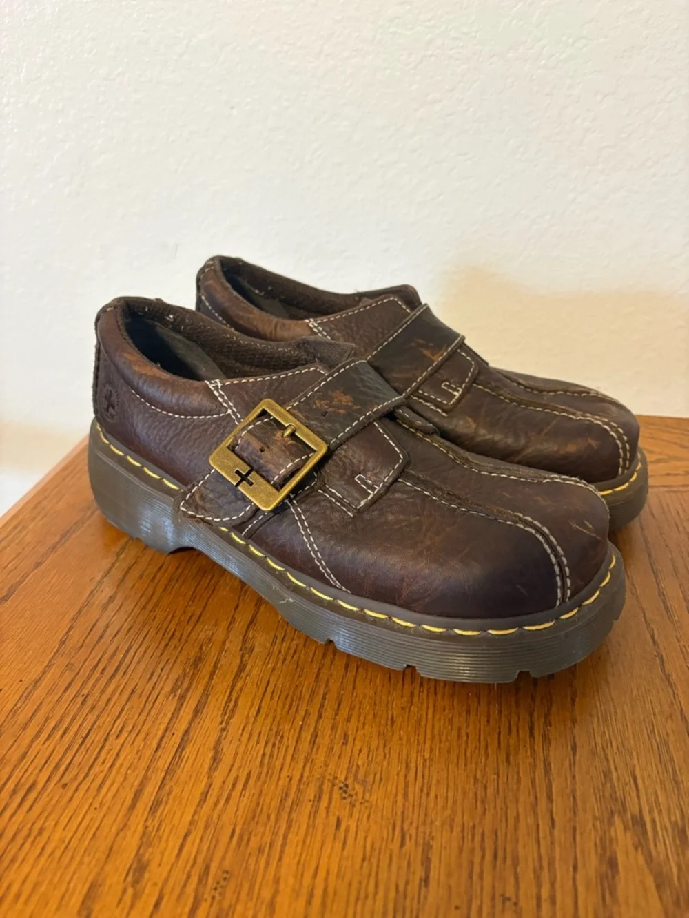 90s Vintage Chunky Doc Martens Brown Mary Jane Leather Buckle Clogs shoes EUR 39 - Picture 8 of 10